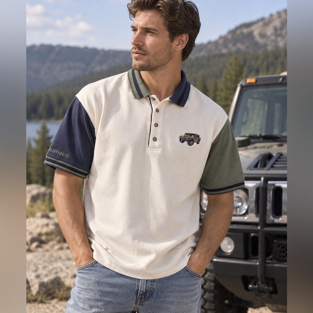 Vintage 90s HUMMER Polo Shirt Mens L Made USA Embroidered 4x4 Colorblock Cotton